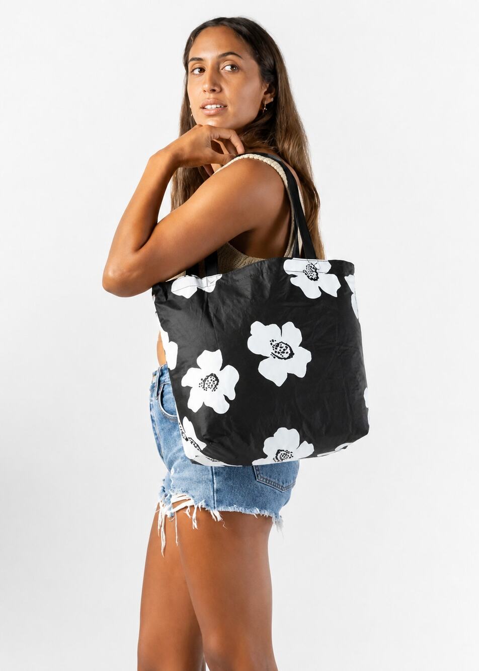 Aloha Collection Floral Striped Reversible Tote Bag Black One Size NWT
